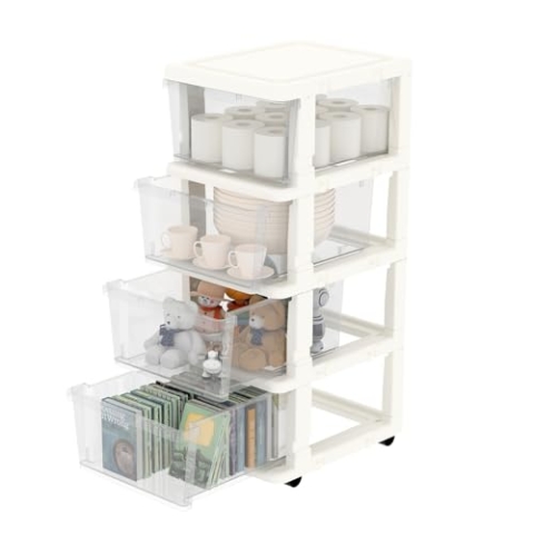 Cetomo Clearview Kunststoff 4 Aufbewahrungsschubladen, Aufbewahrungsschubladenwagen mit 4 Rollen für Zuhause, Schrank, Schlafzimmer, Bad, Büro, Waschküche, Küche und Schulwohnheim, weiß, 1er Set