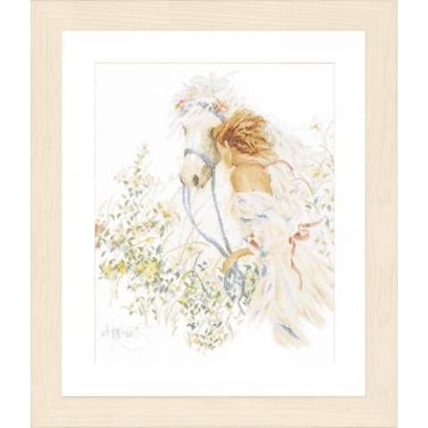 Lanarte Kreuzstich Stickpackungen Gezählter Kreuzstichbilder Set PFERD UND BLUMEN Wanddekoration Handarbeit Set für Erwachsene 39 x 49 cm DIY Deko Bastelset Handwerker Kreative Geschenkset