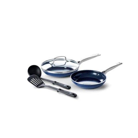 Blue Diamond Cookware Diamantstruktur Keramik Antihaft, 7-teiliges Topf- und Pfannenset,Enthält Bratpfanne Stielkasserolle Milchpfanne,PFAS-frei,Induktion,Spülmaschinenfest,Backofenfest bis 200°C,Blau