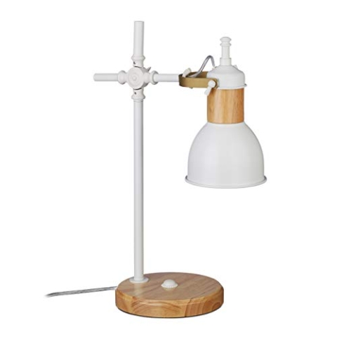 Relaxdays Büro Tischlampe, schwenkbar, mit Stromkabel, Holzfuß, Schreibtischlampe, E14, HBT: 44 x 32 x 17 cm, weiß