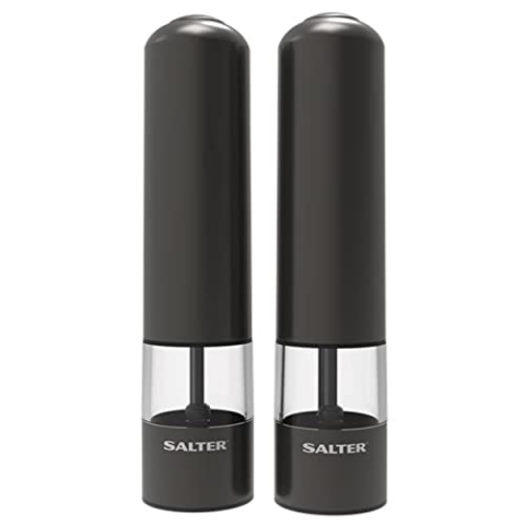 Salter 7538 GMXR Wiederaufladbare Salz- und Pfeffermühlen, USB-Kabel, BPA-Frei, einfache Einhand-Bedienung, Keramikmechanismus, einstellbarer Mahlgrad fein bis grob, Edelstahl, 60g Salz/30g Pfeffer