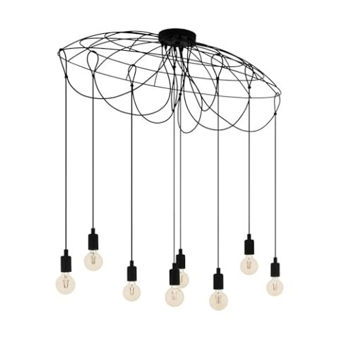 EGLO Pendelleuchte Hogsmill, 8 flammige Hängelampe Vintage, Industrial, Retro, Hängeleuchte aus Stahl in Schwarz, Esstischlampe, Wohnzimmerlampe hängend mit E27 Fassung