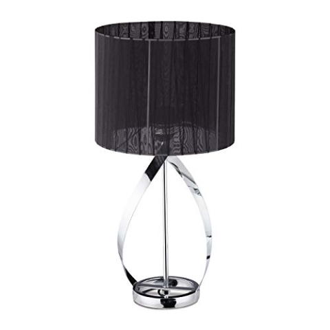 Relaxdays Tischlampe schwarz, Design Nachttischlampe mit Stoffschirm und silbernen Stand, E27, HxD: 49 x 25 cm, black