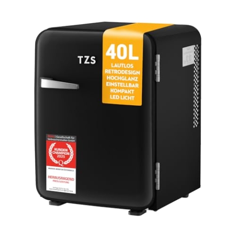 TZS First Austria Minikühlschrank 40L | vollkommen lautlos | Retro-Design | Temperaturregler | LED-Beleuchtung | 2 Türfächer + 6 flexible Einlegeböden