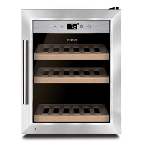 CASO WineSafe 12 - Design Weinkühlschrank mit Kompressortechnik, 1 Zone auf 5-20°C einstellbar, Lagerung von bis zu 12 Flaschen, LED beleuchtet, freistehend, Edelstahl