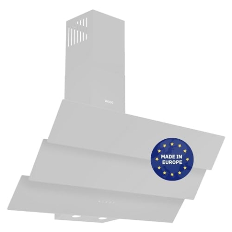 Wiggo B943G Dunstabzugshaube 90cm kopffrei I Abluft Umluft Dunstabzug 615m³/h - Touch-Display 4 Stufen I Energieeffizienzklasse B Schräghaube inkl. 2x Kohlefilter I Abzugshaube Glasfront weiß