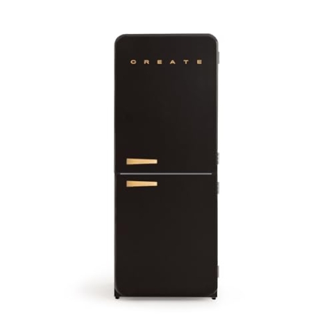 CREATE / RETRO FRIDGE FRIDGE COMBI 185 WOOD/Kombi-Kühlschrank mit Gefrierfach 401L in Schwarz, Griff Holz / 190W, No Frost System, 3 Ablagen, 2 Schubladen, Temperaturregler, 70x65x185 cm