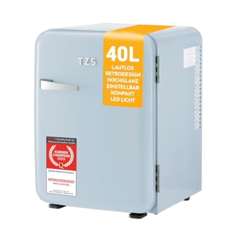 TZS First Austria Minikühlschrank 40L | komplett lautlos | Retro-Design | Temperaturregler | LED-Beleuchtung | 2 Türfächer + 6 flexible Einlegeböden