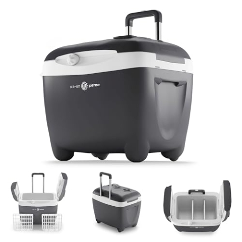 peme Vital Elektrische Kühlbox 50L – Thermoelektrische Kühlung, Dualer Anschluss 12V & 220–240V, Deckel mit Doppeltür, für Camping, Auto, mit Griff und Rollen