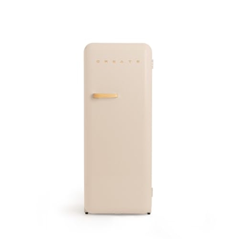 CREATE / RETRO FRIDGE 150 WOOD/Kühlschrank mit Gefrierfach 281L in Sand, Griff Holz / 102W, niedriger Energieverbrauch, 150cm, 3 Ablagen, Temperaturregelung,60x60x150cm