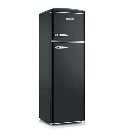 SEVERIN Retro Kühl- & Gefrierkombination, Kühlschrank im Retro-Design mit Chrom-Applikationen, Gefrierfach oben, LED-Beleuchtung, 1-7°C, 246 L Nettovolumen, nur 39 dB, rot, RKG 8984 [EEK D]