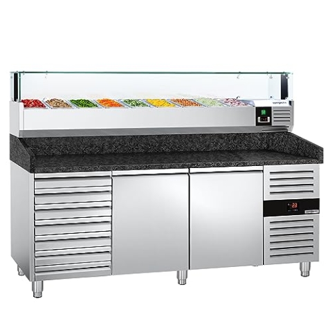 GGM Gastro | POS208SSG#AGS204LND | Pizzakühltisch PREMIUM - 2000x800mm - mit 2 Türen & 7 Schubladen - inkl. Kühlaufsatzvitrine LED - 9x GN 1/3
