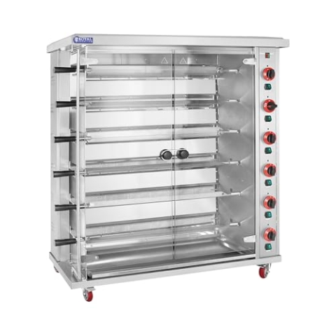 Royal Catering Hähnchengrill Gas 6 Spieße mit Beleuchtung und Rädern 6 x 5 kW Edelstahl/gehärtetes Glas Gastro-Hähnchengrill