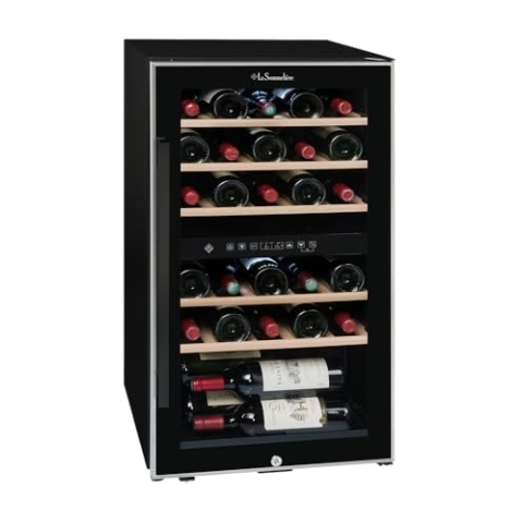 La Sommeliere - Weinkühlschrank ECS31.2Z, 29 Flaschen, 2 Zonen Temperier-Servier-Weinschrank, Glastür aus UV-undurchlässigem Glas, Temperaturbereich von 5°C bis 20°C, freistehend [Energieklasse G]