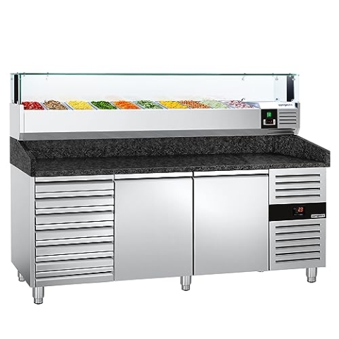 GGM Gastro | POS208SSG#AGS203LND | Pizzakühltisch PREMIUM - 2000x800mm - mit 2 Türen & 7 Schubladen - inkl. Kühlaufsatzvitrine LED - 10x GN 1/4