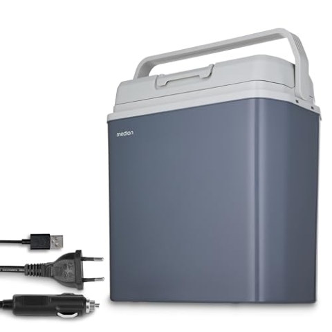 MEDION mobile elektrische Kühlbox 2in1 Kühlen und Wärmen (24 Liter, Thermo-elektrisch, Mini Kühlschrank, 3in1 Anschluss 5V USB, 12V & 230V, für Auto Reisemobil Camping Garten Schwimmbad, MD13011)