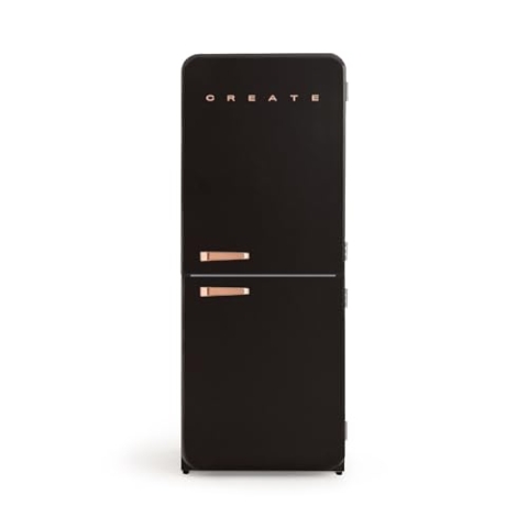 CREATE / RETRO FRIDGE FRIDGE COMBI 185 ROSE GOLD/Kombi-Kühlschrank mit Gefrierfach 401L in Schwarz, Griff Rosa-Gold / 190W, No Frost System, 3 Ablagen, 2 Schubladen, Temperaturregler, 70x65x185 cm
