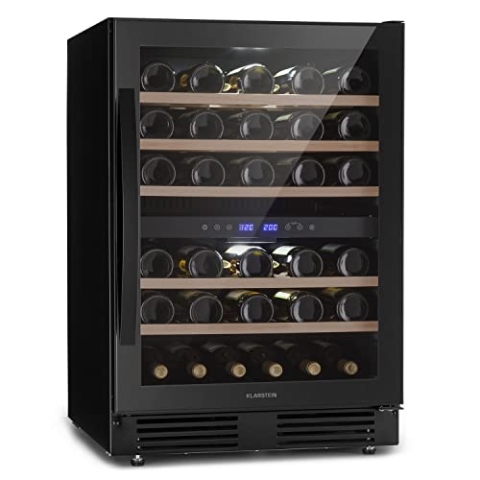 Klarstein Freistehender Weinkühlschrank 2 Zonen, Getränkekühlschrank Klein, Kleiner Weinschrank, Wein-Kühlschrank Klein mit Glastür, Flaschenkühlschrank mit Touchpad, Wine Fridge 5-20°C, 51 Flaschen