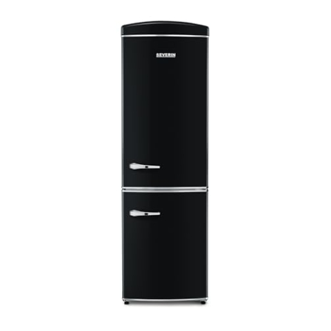SEVERIN Doppeltür Kühl- & Gefrierschrank, Retro-Design mit Chrom-Details, No Frost + Fast Cooling/Freezing-Funktion, LED-beleuchtet, Kühlbereich 0-8°C, 315 L Volumen, 41 dB, schwarz, RKG 8998 [EEK E]