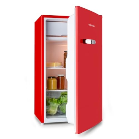 Klarstein Beercracker – 90-Liter-Kühlschrank, Volumen: 90 l, Energieeffizienzklasse E, Gefrierfach, Gemüsefach, 3 Türfächer, Flaschenöffner am Gerät, 2 Glasablagen, Rot