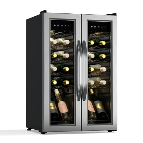 Klarstein Vinamour Weinkühlschrank 2 Zonen - 24 Flaschen, 5-18 °C, Touch-Steuerung, LED-Beleuchtung, Freistehend, Edelstahl-Doppeltür, Weinklimaschrank