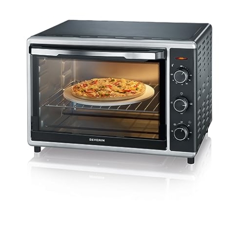 SEVERIN Back- und Toastofen mit Umluftfunktion, Mini Backofen mit Grillrost, Backblech, Drehspieß und Pizzastein, vielseitiger Heißluftofen mit 42 L Kapazität, 1.800 W, schwarz, TO 2058