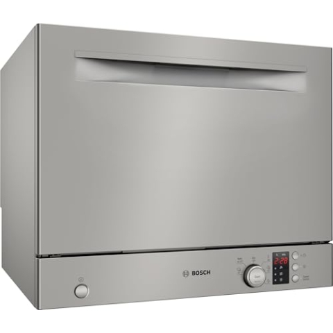Bosch SKS2ITI00E, Serie 2, Freistehender Kompakt-Geschirrspüler 55 cm, Besteckkorb, Mini Spülmaschine, schneller sauberes Geschirr, Extra Trocknen, Schonende Glasreinigung, Automatikprogramme, Silber