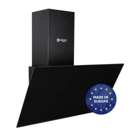 Wiggo Dunstabzugshaube 50cm kopffrei I Abluft Umluft Dunstabzug 300m³/h - LED Touch-Display 3 Stufen I Schräghaube inkl. Fettfilter & 2x Kohlefilter I Abzugshaube (Schwarz - 1 Glas)