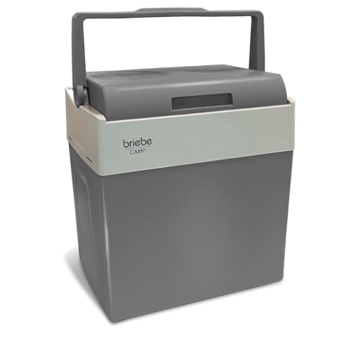 briebe Tragbare Elektrische Kühlbox für Reise, Auto, Camping, 12 V/220 V, Fassungsvermögen 28 L, Räder, Kühlung, Hält Warm, Energiesparend (Grau)