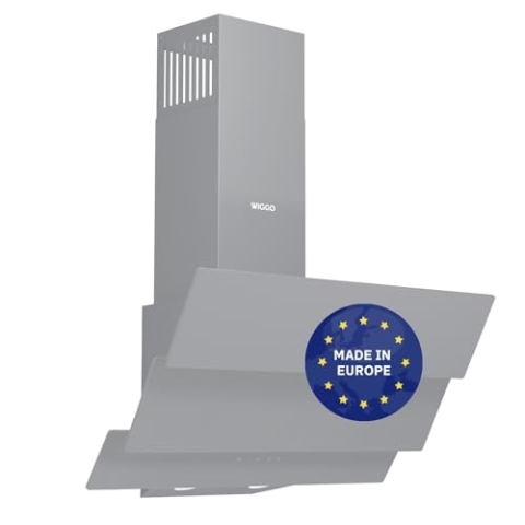 Wiggo B643 Dunstabzugshaube 60cm kopffrei I Abluft Umluft Dunstabzug 615m³/h - Touch-Display 4 Stufen I Energieeffizienzklasse B Schräghaube inkl. 2x Kohlefilter I Abzugshaube Glasfront grau