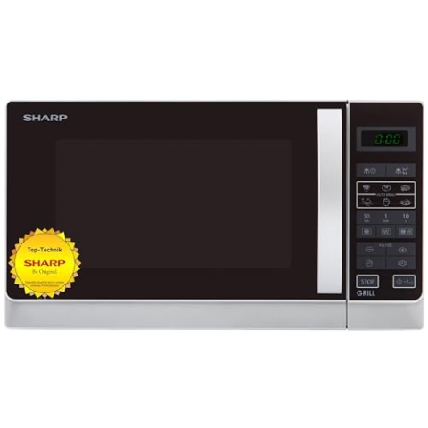 SHARP R742WW 2-in-1 Mikrowelle mit Grill / 25 L / 900W / 1000W Grill/LED-Display / 8 Automatikprogramme/Gewichtgesteuertes Auftauen/Kindersicherung/Energiesparmodus/hoher Rost/Weiß