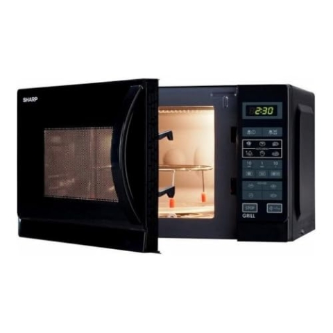 Sharp R742BKW 2-in-1 Mikrowelle mit Grill / 25 L / 900 W / 1000 W Grill/LED-Display / 8 Automatikprogramme/Gewichtgesteuertes Auftauen/Kindersicherung/Energiesparmodus/hoher Rost/schwarz