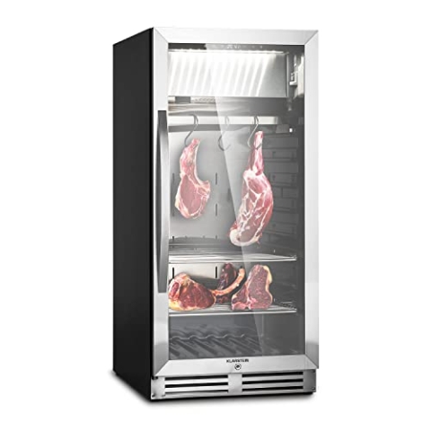 Klarstein Kühlschrank, Reifeschrank für Dry Aged Beef, 1 Zonen Kühlschrank mit Glastür, In- und Outdoor mit LED-Beleuchtung, Freistehend oder Einbaukühlschrank, Temperaturbereich 1-25 °C, 233 L
