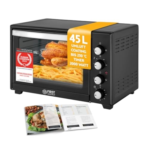 TZS First Austria Minibackofen I Umluft I 45L I Premium-X Coating (Antihaftbeschichtung) I Auftauen&Warmhalten I Rezeptheft I Backofen Pizzaofen Grill