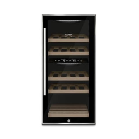 Caso WineComfort 24 black, Weinkühlschrank für 24 Flaschen, 2 Zonen auf 5-20°C einstellbar,Sensor- Touch, LED beleuchtet freistehend, UV-Filterglas, Schwarz