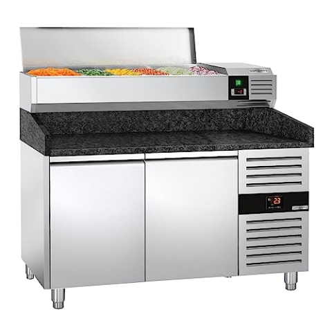 GGM Gastro | POS158SG#AGG153END | Pizzakühltisch PREMIUM - 1500x800mm - mit 2 Türen - inkl. Kühlaufsatzvitrine - 7x GN 1/4