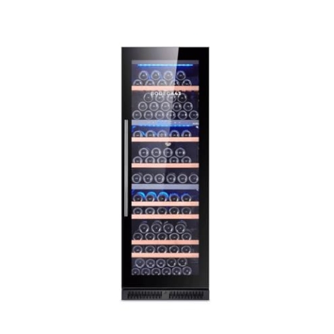 BODEGA43-145 Weinkühlschrank mit 3 Temperaturzonen, 145 Flaschen, 41 dB, Einbau und Freihstehend, Schwarze Vollglas-Designtür, 7 Ausziehbare Schubladen aus durchsichtig lackiertem Sapele Holz