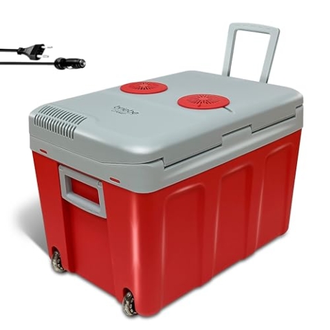 briebe Tragbare Elektrische Kühlbox für Reise, Auto, Camping, 12 V/220 V, Fassungsvermögen 40 L, Räder, Kühlung, Hält Warm, Energiesparend, Rot