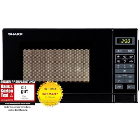 Sharp R242BKW Solo-Mikrowelle / 20 L / 800 W / 5 Leistungsstufen / 8 Automatikprogramme / Gewicht und zeitgesteuerte Auftauen / Kindersicherung / Energiesparmodus / Glasdrehteller (25,5 cm) / schwarz
