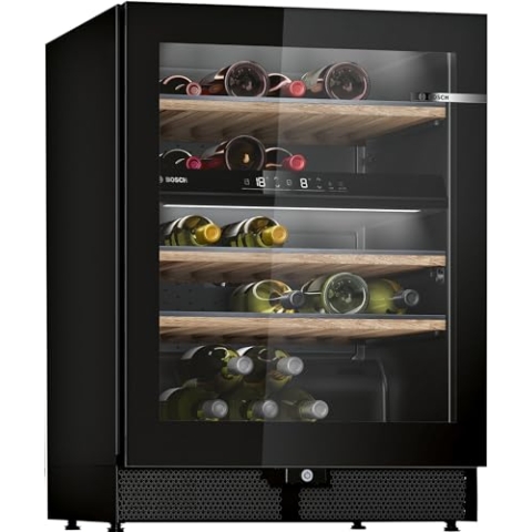 Bosch KWK16ABGB Serie 6 Weinkühlschrank, 81.8 x 60 cm, 44 Flaschen, Temperatur: 5-20 °C, zwei Temperaturzonen, 120 L, Zwei Temperaturbereiche; LED-Beleuchtung; Eichenregale und Teleskopauszug