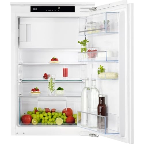 AEG Einbau-Kühlschrank 88cm mit 4-Sterne-Gefrierfach, Serie 5000 OptiSpace: 1x vielfach verstellbare & 1x teilbare Glasablage, großer Kühl- (104L) & Gefrierraum (14L), LCD-Display, Festtür, TSF5O88WDF