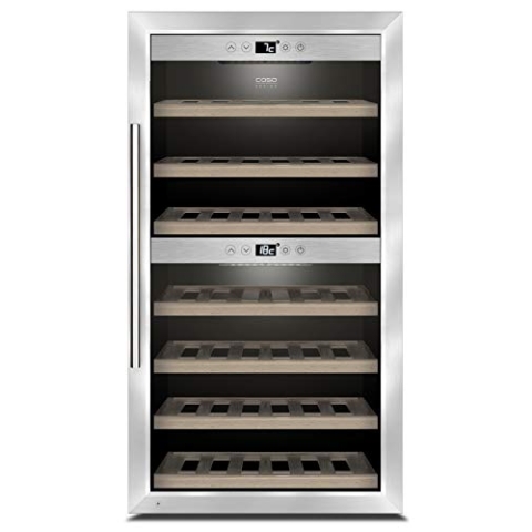 CASO WineComfort 66 | Weinkühlschrank für 66 Flaschen | 2 Zonen auf 5-20°C einstellbar, Touch, LED beleuchtet freistehend, UV-Filterglas, edelstahl