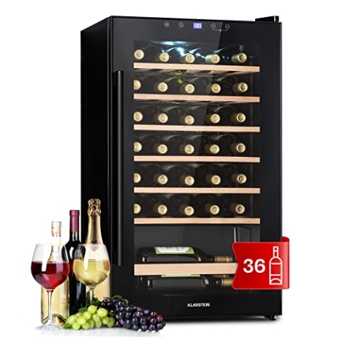Klarstein Weinkühlschrank, Getränkekühlschrank Schmal, 1 Zone Kühlschrank mit Glastür, Getränkekühlschränke Freistehend, Weinkühlschrank Klein, Weinkühlschränke mit UV-Schutz, 4-18°C, 36 Flaschen