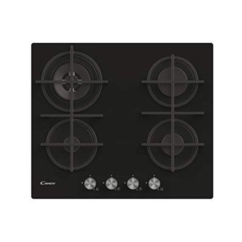Candy CVG6BR4WPB Gaskochplatte 60 cm aus gehärtetem Glas, 4-flammig, Einbaugrill, Grillroste aus Gusseisen, Wok-Brenner, Sicherheitsventil, LPG und Methan, 60 x 51 x 50 cm, Schwarz