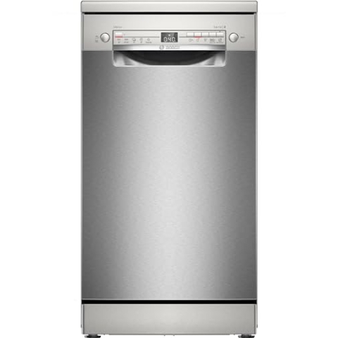Bosch SPS2HKI42E, Serie 2, Smarter Geschirrspüler Freistehend, 45 cm breit, Silver Inox, Besteckkorb, extra Trocknung auf Knopfdruck, leiser und effizienter Motor, anti Fingerprint, mit aquaStop