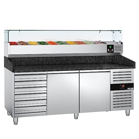 GGM Gastro | POS208SSG#AGG203ND | Pizzakühltisch PREMIUM - 2000x800mm - mit 2 Türen & 7 Schubladen - inkl. Kühlaufsatzvitrine - 10x GN 1/4