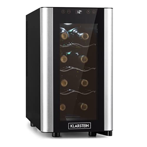Klarstein Reserva Slim Uno Weinkühlschrank, 23 Liter / 8 Flaschen, Temperatur: 11-18 °C, Geräuscharm: 26 dB, 3 Metallregalebenen, LED-Beleuchtung, UV-Schutz, Weinkühler, Schwarz