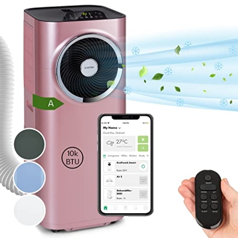 Klarstein Mobile Klimaanlage mit Abluftschlauch, 5-in-1 Klimagerät, Ventilator, Luftentfeuchter, Luftreiniger & Nachtmodus, App-Steuerung, Kleine & Portable Klimaanlage für Wohnung & Büro, 10000 BTU