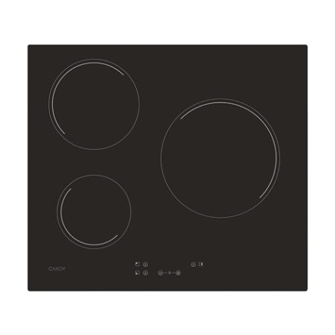Candy Timeless CH63CC, Glaskeramik, drei Zonen, große Herdplatte, 25 cm, Breite 59 cm, 10 Leistungsstufen, 5500 W, zentrale Bedienelemente, Sicherheitsverriegelung, Überhitzungs- und