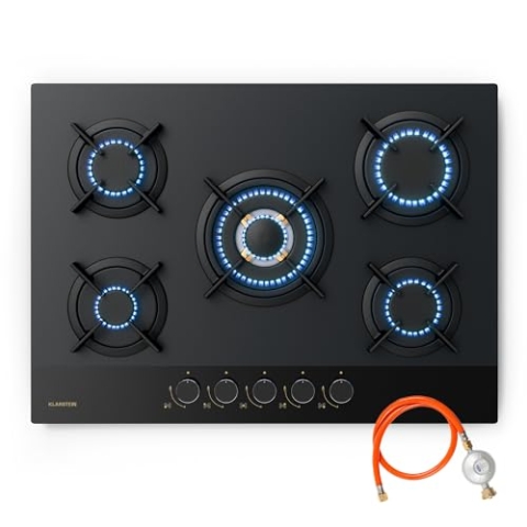 Klarstein Goldflame Nano Gaskochfeld, 70 cm, 5 Messingbrenner, 10,4 kW, Wok-Brenner, Nanobeschichtetes Glas, Flammenausfallschutz, Automatische Zündung, Umrüstbar für NG/LPG, Schwarze Metallknöpfe